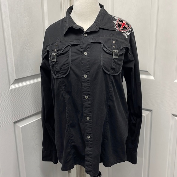 Tops - Women’s Black Embroidered Fleur De Lis Lion Cross Shirt 3X